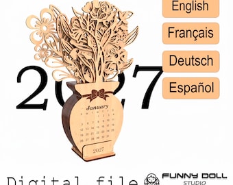 2027 Laser Cut Desk Calendar SVG | Floral Vase Design | 4 Languages | Digital Download DXF SVG