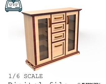 May include: A wooden cabinet with glass doors and drawers. The cabinet is light-coloured with dark red accents and gold-coloured handles. The text "optimized for small laser machines" and "1/6 SCALE Digital file" is visible.