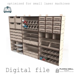 May include: A wooden craft organiser with various compartments, drawers, and shelves, suitable for small laser machines. It features spaces for bottles and other craft supplies. The text "Digital file" is visible. The design is optimised for 30.5cm x 30.5cm machines.