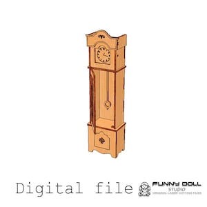 May include: A wooden grandfather clock with an open door, showing the clock face and pendulum. The clock has a decorative design and is a digital file. The words "Digital file" are at the bottom of the image.