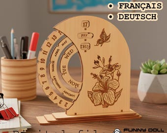 Ewiger Kalender Laser Cut Datei | Holz Tischkalender SVG, DIY Büro Dekor, Kalendervorlage mit Gravur in Englisch, Deutsch, Französisch