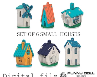 Cute Small Houses Set Laser Cut File, Christmas Tree Decorations, Set of 6 Houses
