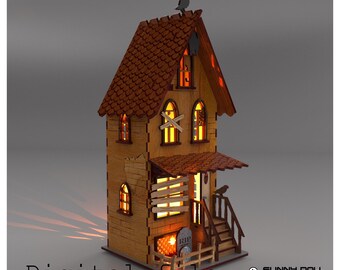 May include: A wooden Halloween-themed house with a brown roof, lit windows, and a small porch. The house features a decorative crow on the roof and the text "Digital file". The house has a small fence and a tombstone that says "RIP".