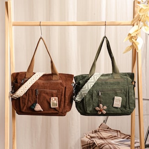 Borsa tote grande in velluto a coste, borsa a tracolla con molteplici tasche, borsa a spalla per lavoro o scuola, borsa a tracolla organizer per donna