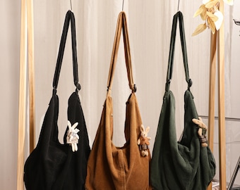 Corduroy Slouchy Crossbody Bag, Korean Casual Shoulder Bag, Japanese Minimalist Tote, Vintage Oversized Everyday Purse, Fall Fashion Bag