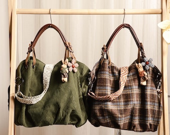 Bolso tote retro, bolso de hombro, bolso bandolera de pana con correa ajustable, etiqueta de cuero, bolso bandolera de viaje