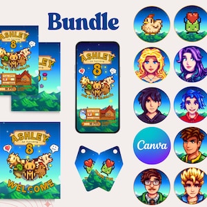 May include: A bundle of digital birthday party designs featuring pixelated farm animals and characters. Includes invitations, phone screen design, tags, and circular profile images. The word "Bundle" is at the top.