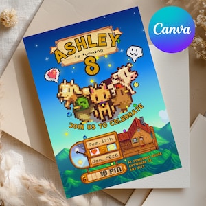 May include: A birthday invitation featuring pixelated characters and the text "Ashley is turning 8." The invitation includes the date, time, and location details, set against a blue sky and green landscape background. The Canva logo is visible.