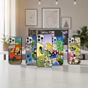 May include: A collection of phone cases featuring cartoon illustrations. The cases display various scenes with characters and text, including a red vehicle with the text "NO RISK NO FUN". The cases have a glossy finish and are arranged on a white surface.