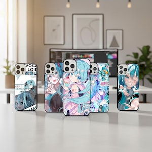 May include: Five phone cases featuring anime-style illustrations of a blue-haired character. The cases have black borders and different designs. One case displays the text "VOCALOID HATSUNE MIKU".