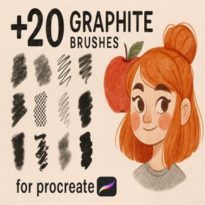 May include: Digital art graphic featuring a red-haired woman with an apple and a collection of graphite brush strokes. The text reads "+20 GRAPHITE BRUSHES for procreate". The image showcases various brush textures for digital art.