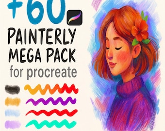 Può includere: Illustrazione di arte digitale raffigurante una donna con i capelli rossi e un fiore, con il testo "+60 PAINTERLY MEGA PACK for procreate". Sotto, campioni di pennellate colorate.