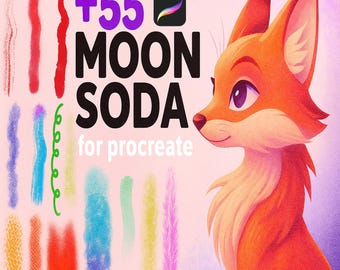 Puede incluir: Ilustración digital de un zorro de dibujos animados con pelaje naranja y grandes ojos morados. La imagen incluye el texto "+55 MOON SODA for procreate" y muestras de trazos de pincel coloridos en varios colores, incluyendo rojo, azul y verde.