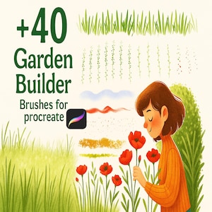 以下が含まれることがあります： オレンジ色のセーターを着た女性が庭で赤いポピーを持っているイラスト。画像には「+40 Garden Builder Brushes for procreate」というテキストと、さまざまなブラシの例が含まれています。