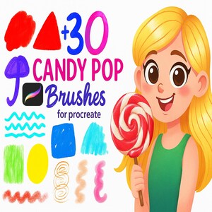 May include: Illustration of a smiling girl holding a red and white swirled lollipop. The image includes the text "+30 CANDY POP Brushes for procreate" with colorful brush stroke samples in the background.