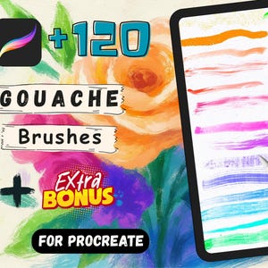 May include: Digital art brushes for Procreate. The image shows a tablet displaying colorful brush strokes, accompanied by text that reads "+120 GOUACHE Brushes Extra Bonus FOR PROCREATE". The Procreate app icon is also visible.