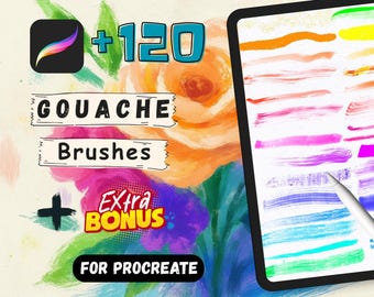May include: Digital art brushes for Procreate. The image shows a tablet displaying colorful brush strokes, accompanied by text that reads "+120 GOUACHE Brushes Extra Bonus FOR PROCREATE". The Procreate app icon is also visible.