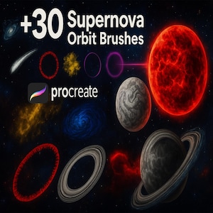 May include: Digital art brushes for Procreate, featuring a space theme. The image displays various celestial elements, including planets, nebulae, and orbit rings. Text reads "+30 Supernova Orbit Brushes" and "procreate". The color palette includes red, orange, yellow, blue, and purple.