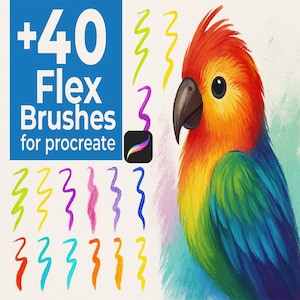 May include: Digital art graphic featuring a colorful parrot illustration with a blue background. The image includes the text "+40 Flex Brushes for Procreate" and examples of brush strokes in various colors, such as green, purple, and orange.