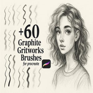 May include: An illustration featuring a pencil sketch of a woman with curly hair, alongside a display of graphite brush strokes. The text reads "+60 Graphite Gritworks Brushes for procreate."