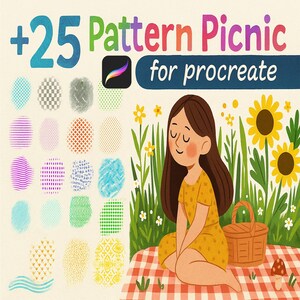 May include: Illustration featuring a young person in a yellow dress sitting on a red and white checkered picnic blanket. The image includes sunflowers, grass, and a picnic basket. The text reads "+25 Pattern Picnic for Procreate" with various pattern examples.
