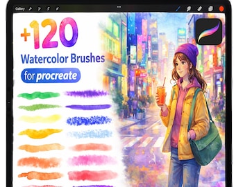 May include: A digital tablet displays a colorful illustration of a cityscape and a woman holding a drink. The screen shows "+120 Watercolor Brushes for Procreate" and a variety of watercolor brush strokes. A white stylus rests on top.