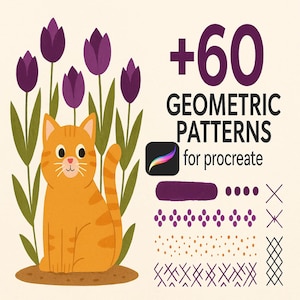 以下が含まれることがあります： オレンジ色の猫と紫色のチューリップのイラスト。テキストは「+60 Geometric Patterns for Procreate」です。Procreateアプリのアイコンと、紫とオレンジの幾何学模様のサンプルも含まれています。