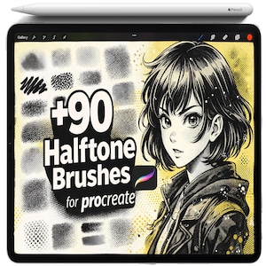 Peut inclure: Une tablette noire avec un stylet blanc affiche un design d'art numérique. L'écran affiche un graphique avec le texte "+90 Halftone Brushes for Procreate" et une illustration de style anime d'une personne.