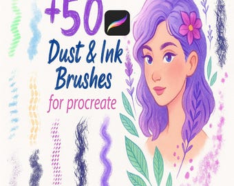 May include: Digital art graphic featuring a woman with purple hair and a flower, surrounded by brushstroke samples. Text reads "+50 Dust & Ink Brushes for procreate". The Procreate app logo is also visible. The color palette includes purple, blue, green, and pink.