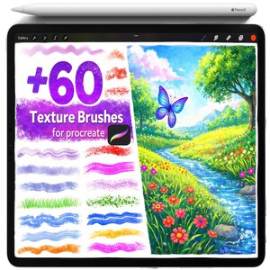 May include: A digital art display on a tablet shows a vibrant landscape painting with a butterfly and a stream. The screen also displays a graphic for "+60 Texture Brushes for Procreate" with brush stroke samples. A white stylus rests on top.