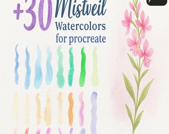May include: A digital art graphic featuring the text "+30 Mistveil Watercolors for Procreate." The image showcases watercolor brush strokes in various colors, alongside a watercolor illustration of pink flowers and green leaves.
