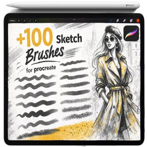 May include: A digital tablet displays the text "+100 sketch Brushes for procreate" with brush stroke examples and a fashion illustration. A white stylus is at the top. The Procreate app icon is visible.
