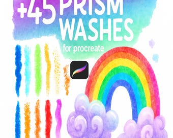 May include: Watercolor illustration with text "+45 Prism Washes for Procreate". The image features a rainbow, clouds, and colorful brush strokes. A Procreate app icon is also included.