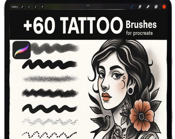Puede incluir: Una tableta digital muestra un conjunto de diseños de tatuajes para Procreate. La pantalla muestra un retrato de mujer con tatuajes florales y muestras de trazos de pincel. El texto dice "+60 Tattoo Brushes for Procreate."