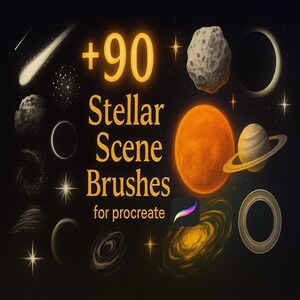 May include: Digital art brushes for Procreate. The image features a collection of celestial objects, including planets, stars, and galaxies. The text reads "+90 Stellar Scene Brushes for Procreate."