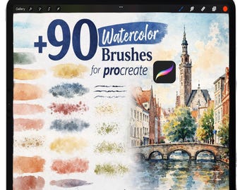 May include: A digital tablet displays a watercolor art set with the text "+90 Watercolor Brushes for Procreate." The image shows watercolor brush strokes and a watercolor painting of a European city. A white stylus is on top.