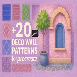 May include: Digital art illustration featuring a Procreate app icon and the text "+20 DECO WALL PATTERNS for procreate." The image showcases various decorative wall pattern samples in shades of blue, pink, and green, alongside a stylized tree and architectural elements.