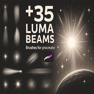 May include: Digital art brushes for Procreate, featuring light beams and starburst effects. The image includes the text "+35 LUMA BEAMS" and a Procreate app icon, all set against a dark background with a sepia tone.