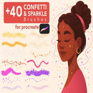 May include: Digital art illustration featuring a woman with closed eyes, adorned with confetti and stars. The image promotes "+40 Confetti & Sparkle Brushes for Procreate." Various brushstroke examples in yellow, orange, pink, and purple are displayed.