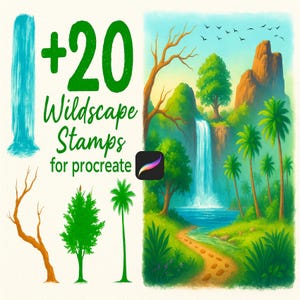 May include: Digital art illustration featuring a vibrant landscape with a waterfall, palm trees, and a winding path. The image includes the text "+20 Wildscape Stamps for Procreate" in green, along with various tree and waterfall stamp designs.