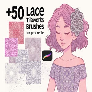 May include: Digital art illustration featuring a woman with pink hair and a lace hair accessory. The image showcases various lace tilework brushes for Procreate, with the text "+50 Lace Tileworks Brushes for procreate" displayed prominently. The color palette includes shades of pink, purple, and gray.