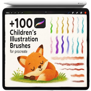 May include: A digital illustration on a tablet shows a sleeping orange fox on green grass, with colorful brush strokes and the text "+100 Children's Illustration Brushes for procreate." A white Apple Pencil is at the top.