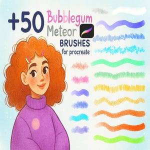 May include: Digital art illustration featuring a smiling cartoon girl with red curly hair and a purple sweater. The image includes the text "+50 Bubblegum Meteor BRUSHES for procreate" and examples of brush strokes in various colors.