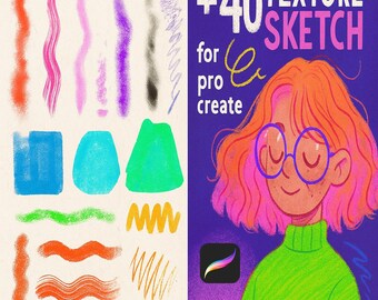 Peut inclure: Brosses d'art numériques pour Procreate. L'image présente des coups de pinceau et des formes colorés, ainsi qu'une illustration de dessin animé d'une personne aux cheveux roses et oranges, avec des lunettes et un pull vert. Le texte indique "+40 Texture Sketch for Procreate."