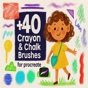 May include: Illustration featuring a young girl in a yellow dress with a teal bag, surrounded by colorful crayon and chalk brush strokes. Text reads "+40 Crayon & Chalk Brushes for Procreate."