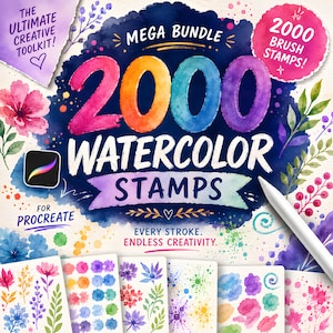 Könnte beinhalten: Ein digitales Kunstpaket für Procreate mit 2000 Aquarellstempeln. Das Design enthält den Text "MEGA BUNDLE" und "2000 WATERCOLOR STAMPS" in leuchtenden Farben. Zusätzlicher Text lautet "THE ULTIMATE CREATIVE TOOLKIT!" und "EVERY STROKE. ENDLESS CREATIVITY."