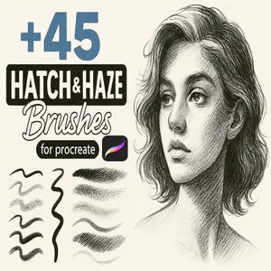 May include: Digital art brushes for Procreate. The image features a pencil sketch of a woman's face and the text "+45 HATCH & HAZE Brushes for Procreate". Various brush stroke examples are shown below the text, showcasing different textures and effects.