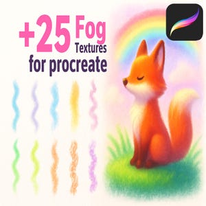 May include: Digital art illustration featuring a cute orange fox sitting on green grass with a rainbow in the background. The image includes the text "+25 Fog Textures for Procreate" and the Procreate app logo.