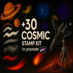 Puede incluir: Kit de arte digital con temática cósmica. La imagen incluye un planeta con anillos, una nave espacial, un extraterrestre y varias ilustraciones de pinceladas y galaxias. El texto dice "+30 COSMIC STAMP KIT for procreate."