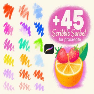 May include: Digital art brushes for Procreate, featuring colorful scribble textures. The image includes a pink circle with the text "+45 Scribble Sorbet for Procreate", a Procreate app icon, and a drawing of a strawberry and orange slice.